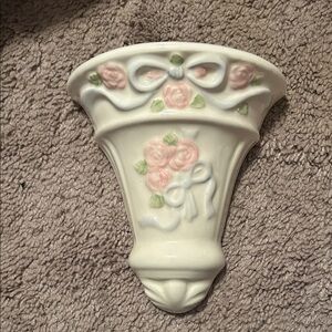 Vintage Floral Ceramic Wall Pocket - Pink Roses